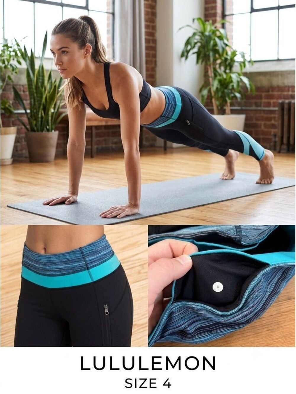 Lululemon Women’s 4 Blue and Black Athletic Leggings Pockets and Mesh Detail